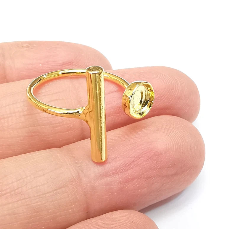 Gold Plated Bar Ring Blank Base Bezel Settings Cabochon Base Mountings Adjustable , Shiny Gold Plated Brass (6mm Blank) G33564