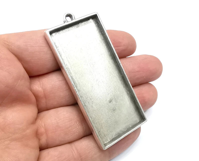 Rectangle Pendant Blanks, Resin Bezel Bases, Mosaic Mountings, Dry flower Frame, Polymer Clay base, Antique Silver Plated (64x30mm) G33569