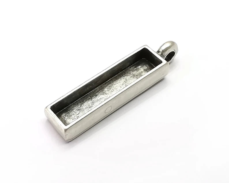 2 Rectangle Pendant Blanks, Resin Bezel Bases, Mosaic Mountings, Dry flower Frame, Polymer Clay base, Antique Silver Plated (25x5mm) G33571