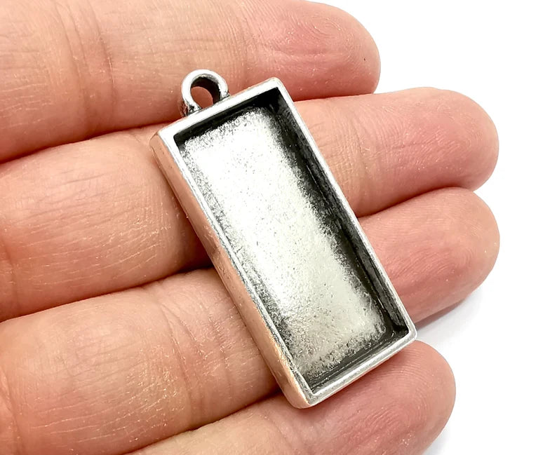 Rectangle Pendant Blanks, Resin Bezel Bases, Mosaic Mountings, Dry flower Frame, Polymer Clay base, Antique Silver Plated (35x16mm) G33573