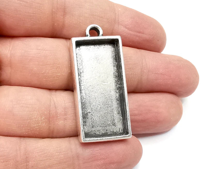 Rectangle Pendant Blanks, Resin Bezel Bases, Mosaic Mountings, Dry flower Frame, Polymer Clay base, Antique Silver Plated (35x16mm) G33573