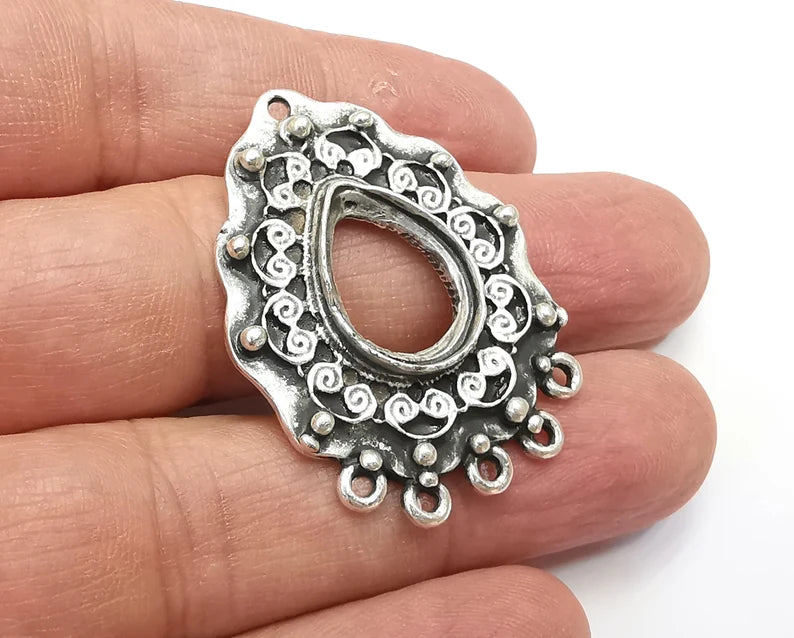 Drop Pendant Blanks, Resin Bezel Bases, Mosaic Mountings, Dry flower Frame, Polymer Clay base, Antique Silver Plated (18x13mm) G33500