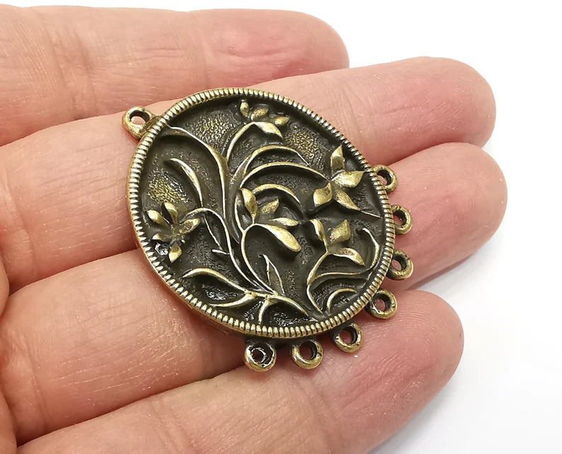 Flower Round Pendant, Charms, Connector Antique Bronze Plated (44x36mm) G33575