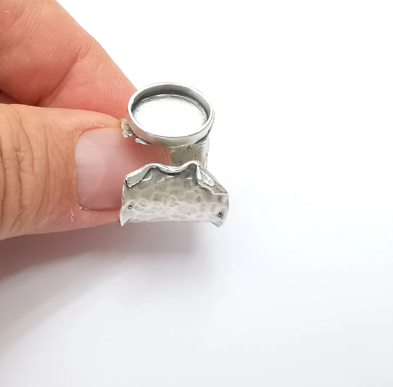 Hammered Ring Setting Resin Ring Blank Cabochon Mounting Adjustable Dried Flower Base Bezel Antique Silver Plated Brass (14x10mm) G33589