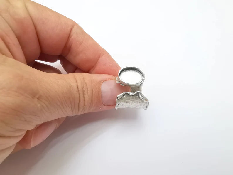 Hammered Ring Setting Resin Ring Blank Cabochon Mounting Adjustable Dried Flower Base Bezel Antique Silver Plated Brass (14x10mm) G33589