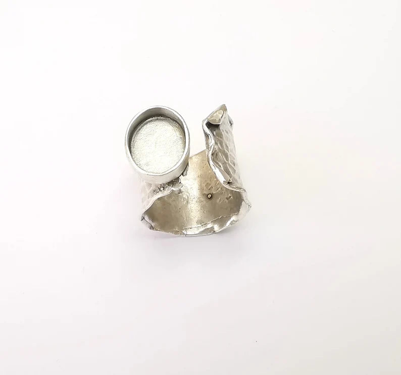 Hammered Ring Setting Resin Ring Blank Cabochon Mounting Adjustable Dried Flower Base Bezel Antique Silver Plated Brass (14x10mm) G33589