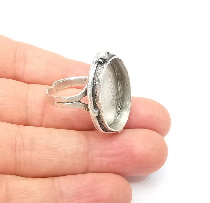 Large Ring Setting Resin Ring Blank Cabochon Mounting Adjustable Dried Flower Ring Base Bezel Antique Silver Plated Brass (25x18mm) G33590