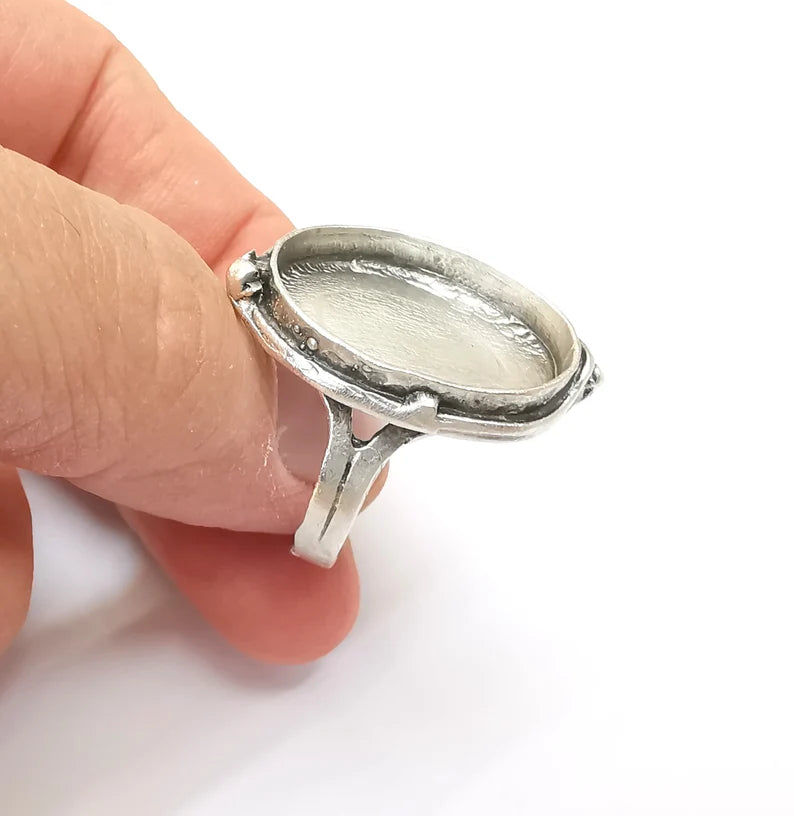 Large Ring Setting Resin Ring Blank Cabochon Mounting Adjustable Dried Flower Ring Base Bezel Antique Silver Plated Brass (25x18mm) G33590