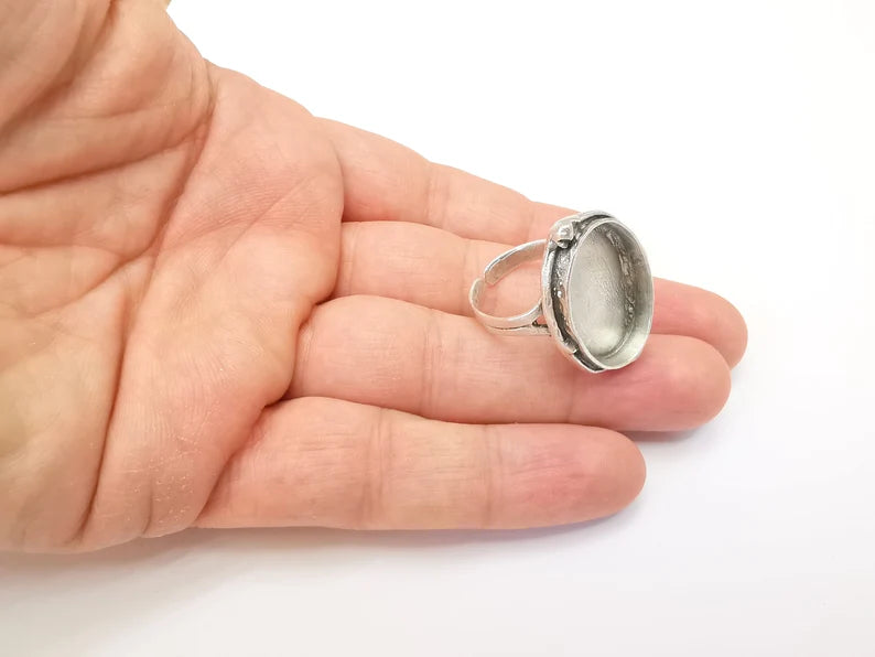 Large Ring Setting Resin Ring Blank Cabochon Mounting Adjustable Dried Flower Ring Base Bezel Antique Silver Plated Brass (25x18mm) G33590