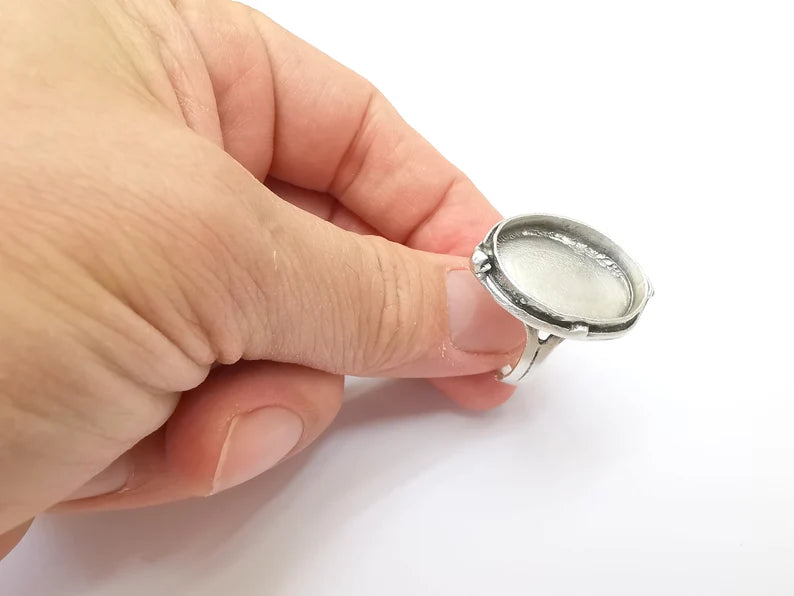 Large Ring Setting Resin Ring Blank Cabochon Mounting Adjustable Dried Flower Ring Base Bezel Antique Silver Plated Brass (25x18mm) G33590