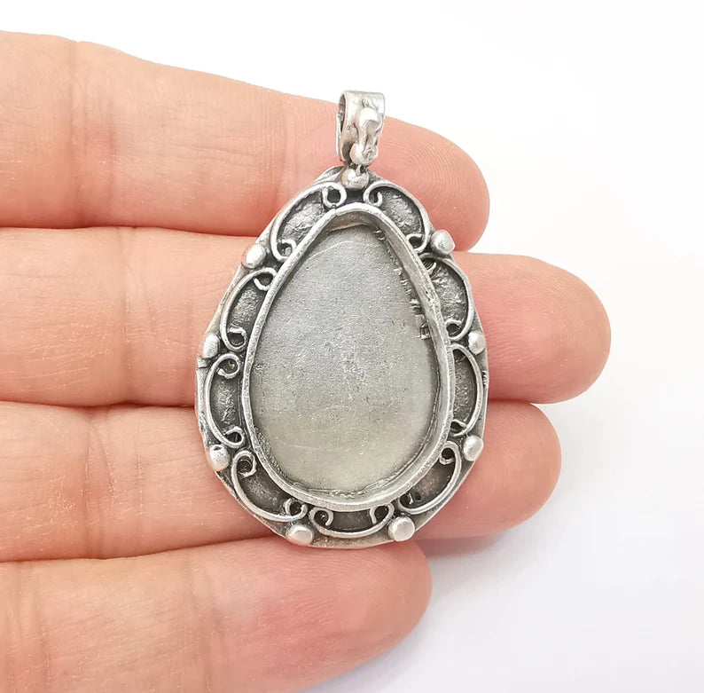 Drop Pendant Blanks, Resin Bezel, Cabochon Bases, Mosaic Mountings, Dry flower Frame, Polymer Clay, Antique Silver Brass (30x20mm) G33592