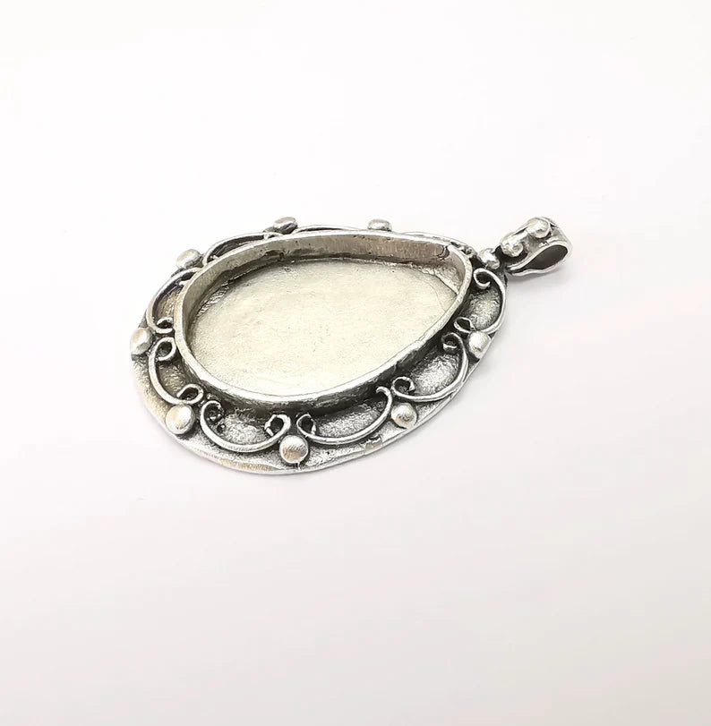 Drop Pendant Blanks, Resin Bezel, Cabochon Bases, Mosaic Mountings, Dry flower Frame, Polymer Clay, Antique Silver Brass (30x20mm) G33592
