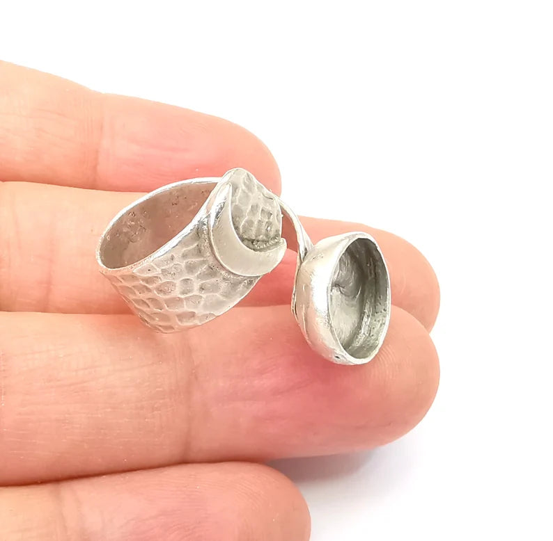 Crescent Ring Setting Blank Cabochon Ring Mounting Adjustable Wrap Ring Base, inlay Ring Bezel Antique Silver Plated Brass (12mm) G33594