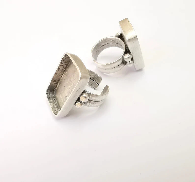 Rectangle Ring Setting Resin Ring Blank Cabochon Mounting Adjustable Dried Flower Base Bezel Antique Silver Plated Brass (25x15mm) G33595