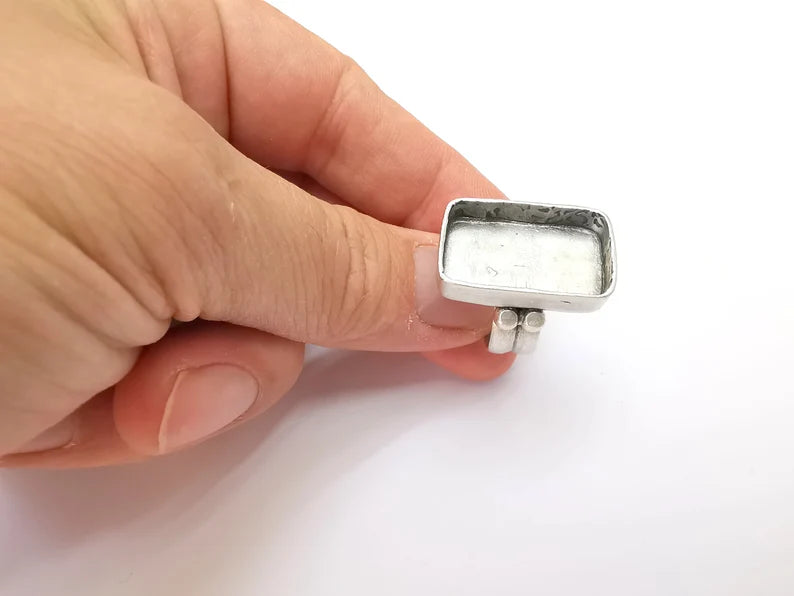Rectangle Ring Setting Resin Ring Blank Cabochon Mounting Adjustable Dried Flower Base Bezel Antique Silver Plated Brass (25x15mm) G33595