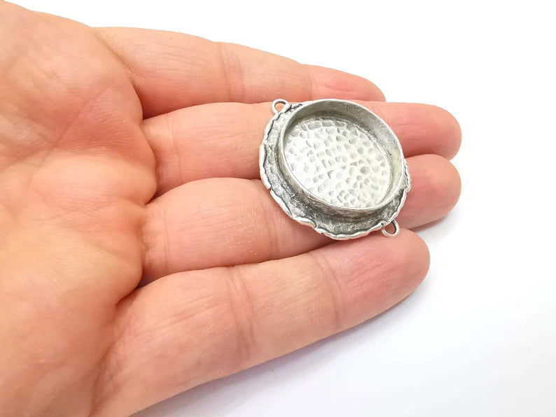 Hammered Pendant Connector Blanks, Resin Bezel, Cabochon Bases Mountings, Dry flower Frame, Polymer Clay, Antique Silver Brass (25mm) G33601