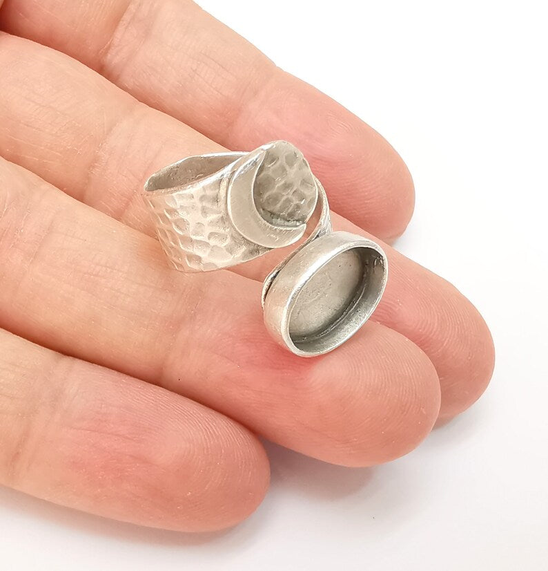 Crescent Ring Setting Blank Cabochon Ring Mounting Adjustable Wrap Ring Base, inlay Ring Bezel Antique Silver Plated Brass (14x10mm) G33604