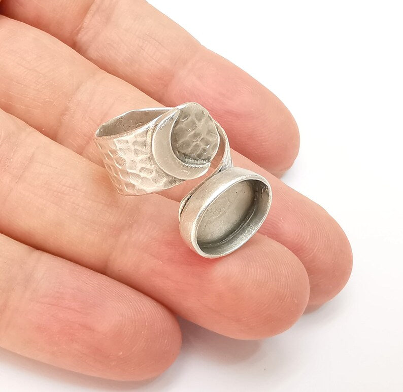 Crescent Ring Setting Blank Cabochon Ring Mounting Adjustable Wrap Ring Base, inlay Ring Bezel Antique Silver Plated Brass (14x10mm) G33604
