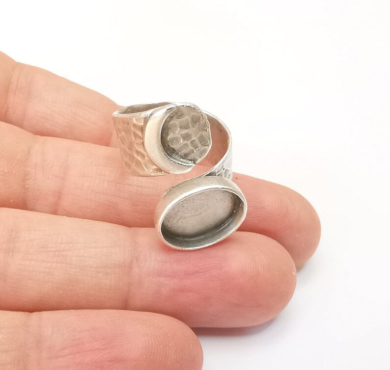 Crescent Ring Setting Blank Cabochon Ring Mounting Adjustable Wrap Ring Base, inlay Ring Bezel Antique Silver Plated Brass (14x10mm) G33604