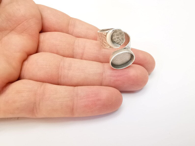 Crescent Ring Setting Blank Cabochon Ring Mounting Adjustable Wrap Ring Base, inlay Ring Bezel Antique Silver Plated Brass (14x10mm) G33604