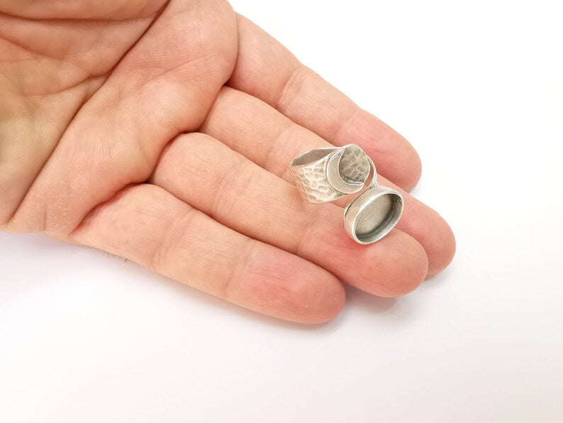 Crescent Ring Setting Blank Cabochon Ring Mounting Adjustable Wrap Ring Base, inlay Ring Bezel Antique Silver Plated Brass (14x10mm) G33604