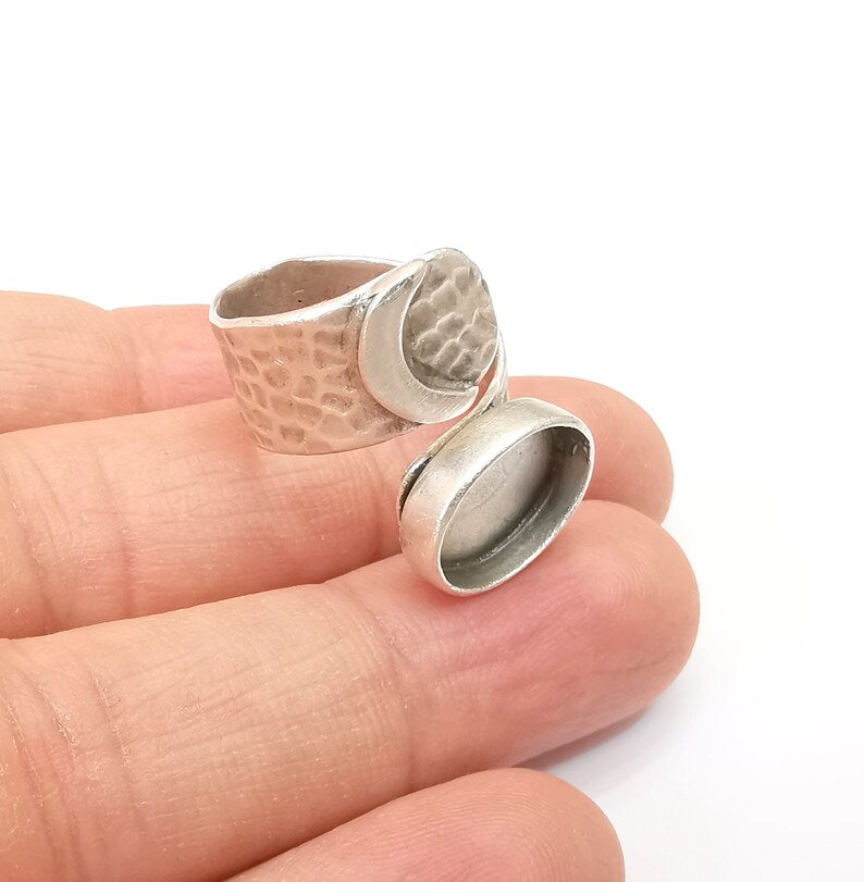 Crescent Ring Setting Blank Cabochon Ring Mounting Adjustable Wrap Ring Base, inlay Ring Bezel Antique Silver Plated Brass (14x10mm) G33604