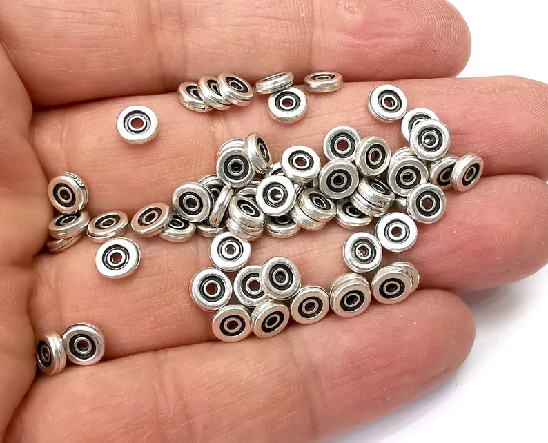 10 Round Rondelle Beads Antique Silver Plated Metal Beads (6mm) G33508