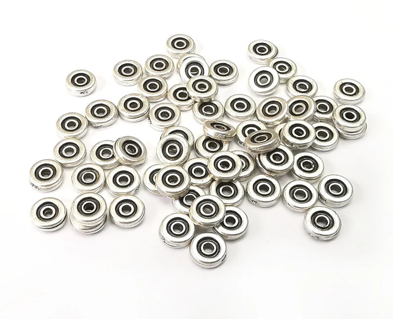 10 Round Rondelle Beads Antique Silver Plated Metal Beads (6mm) G33508