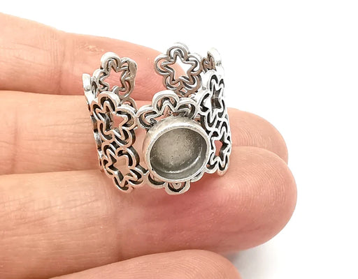 Silver Ring Blank Setting, Cabochon Mounting, Adjustable Resin Ring Base Bezels, Antique Silver Plated (8mm round bezel) G33510