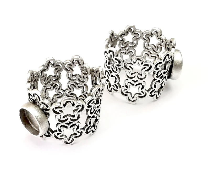 Silver Ring Blank Setting, Cabochon Mounting, Adjustable Resin Ring Base Bezels, Antique Silver Plated (8mm round bezel) G33510