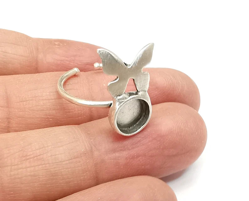 Butterfly Ring Blank Setting, Cabochon Mounting, Adjustable Resin Ring Base Bezels, Antique Silver Plated (8mm round bezel) G33511