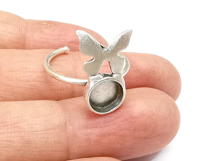 Butterfly Ring Blank Setting, Cabochon Mounting, Adjustable Resin Ring Base Bezels, Antique Silver Plated (8mm round bezel) G33511