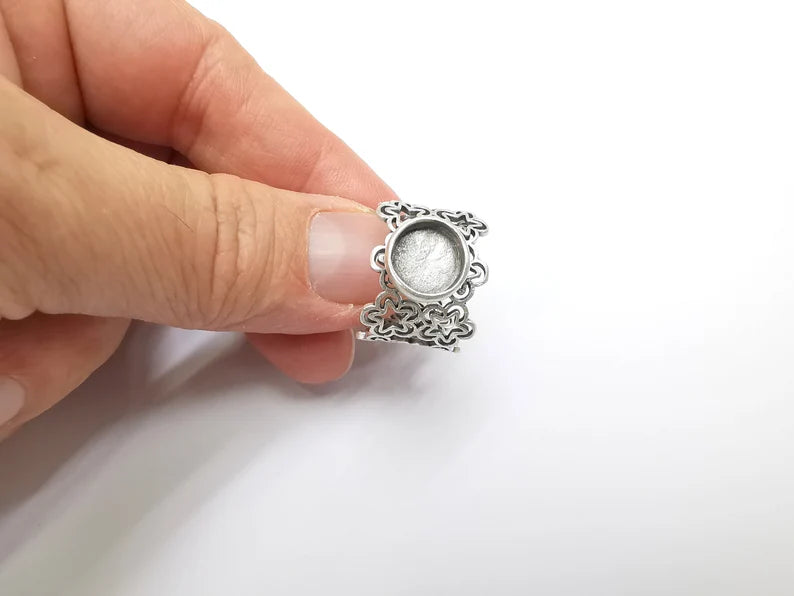 Silver Ring Blank Setting, Cabochon Mounting, Adjustable Resin Ring Base Bezels, Antique Silver Plated (10mm round bezel) G33526