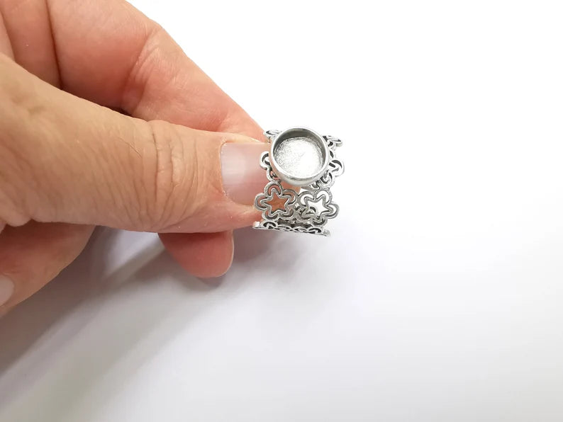 Silver Ring Blank Setting, Cabochon Mounting, Adjustable Resin Ring Base Bezels, Antique Silver Plated (10mm round bezel) G33526