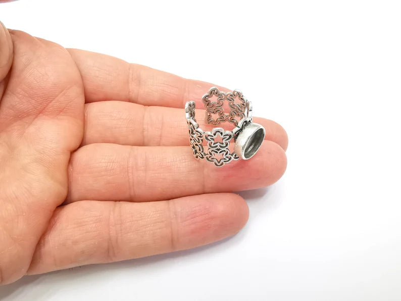 Silver Ring Blank Setting, Cabochon Mounting, Adjustable Resin Ring Base Bezels, Antique Silver Plated (10mm round bezel) G33526