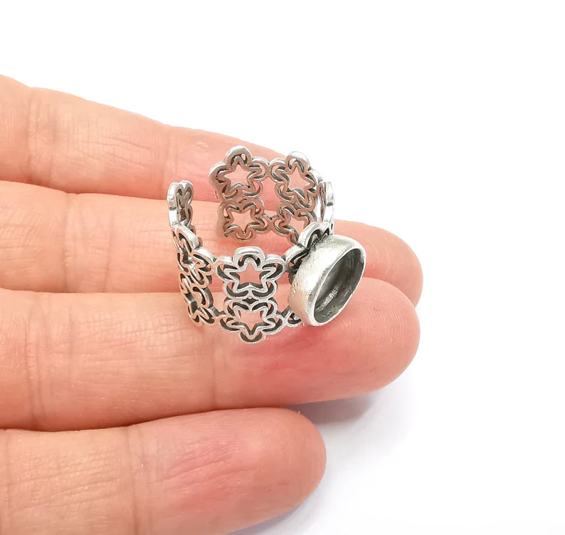 Silver Ring Blank Setting, Cabochon Mounting, Adjustable Resin Ring Base Bezels, Antique Silver Plated (10mm round bezel) G33526