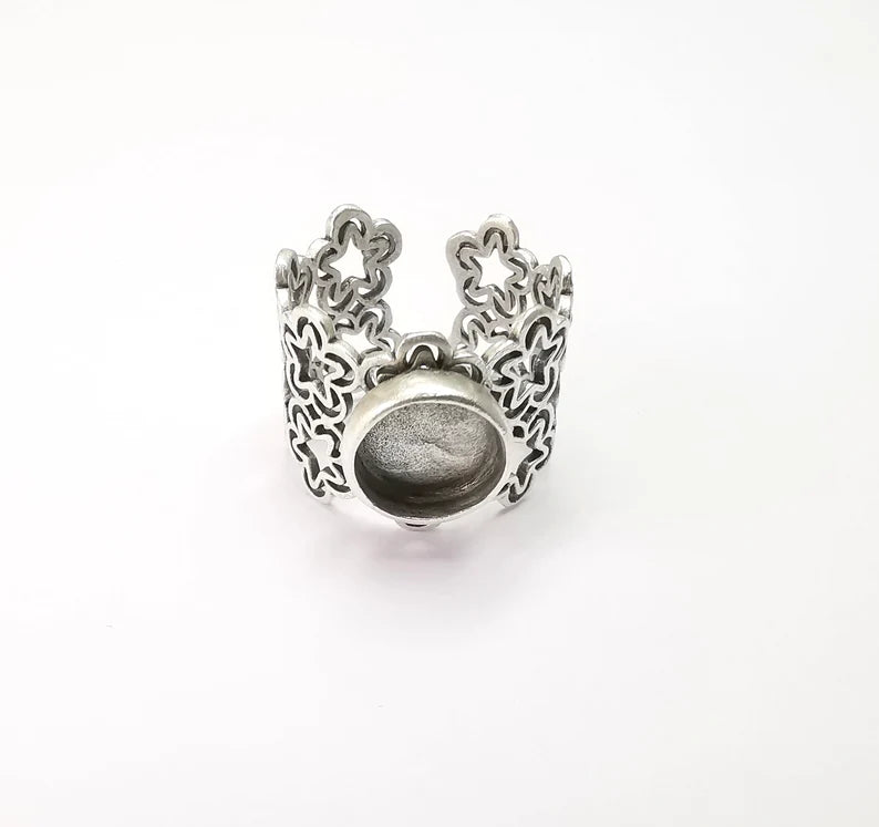 Silver Ring Blank Setting, Cabochon Mounting, Adjustable Resin Ring Base Bezels, Antique Silver Plated (10mm round bezel) G33526