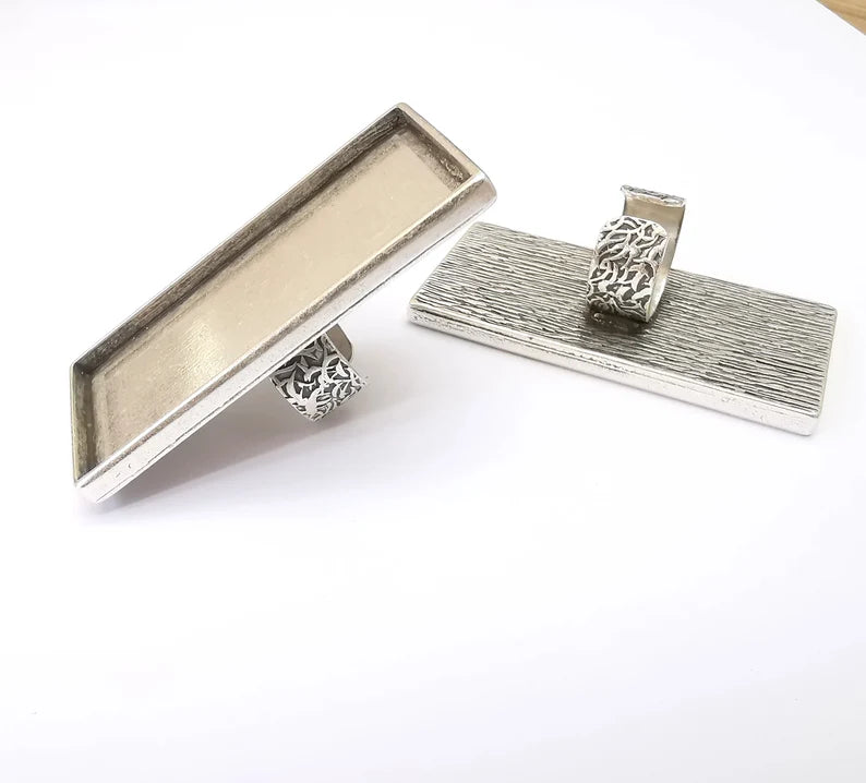 Large Rectangle Ring Blank Settings, Cabochon Mounting, Adjustable Antique Silver Resin Ring Base Bezel, Inlay Mosaic Epoxy (64x30mm) G33622