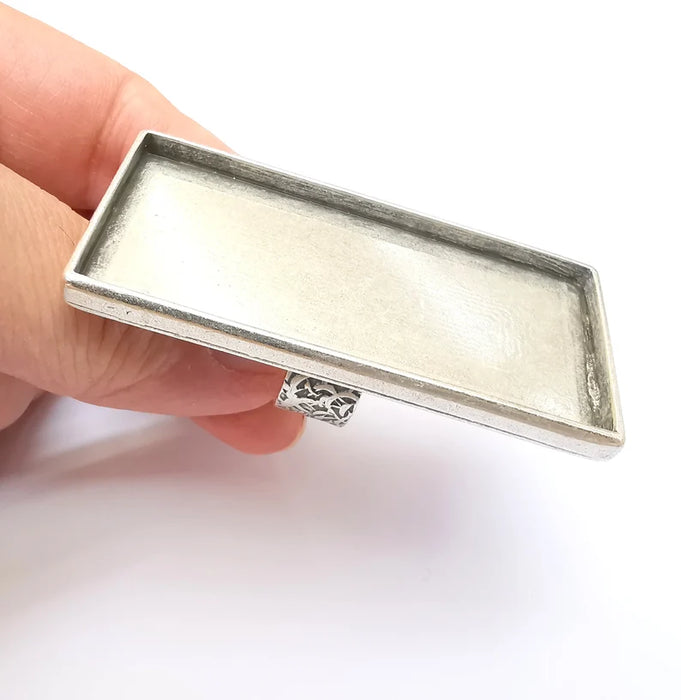 Large Rectangle Ring Blank Settings, Cabochon Mounting, Adjustable Antique Silver Resin Ring Base Bezel, Inlay Mosaic Epoxy (64x30mm) G33622