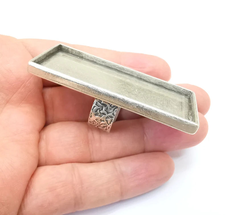 Large Rectangle Ring Blank Settings, Cabochon Mounting, Adjustable Antique Silver Resin Ring Base Bezel, Inlay Mosaic Epoxy (64x30mm) G33622