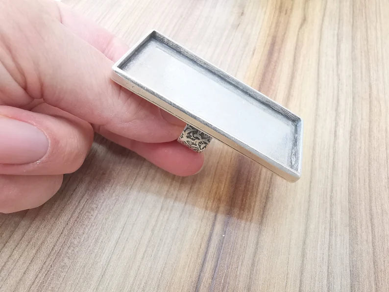 Large Rectangle Ring Blank Settings, Cabochon Mounting, Adjustable Antique Silver Resin Ring Base Bezel, Inlay Mosaic Epoxy (64x30mm) G33622