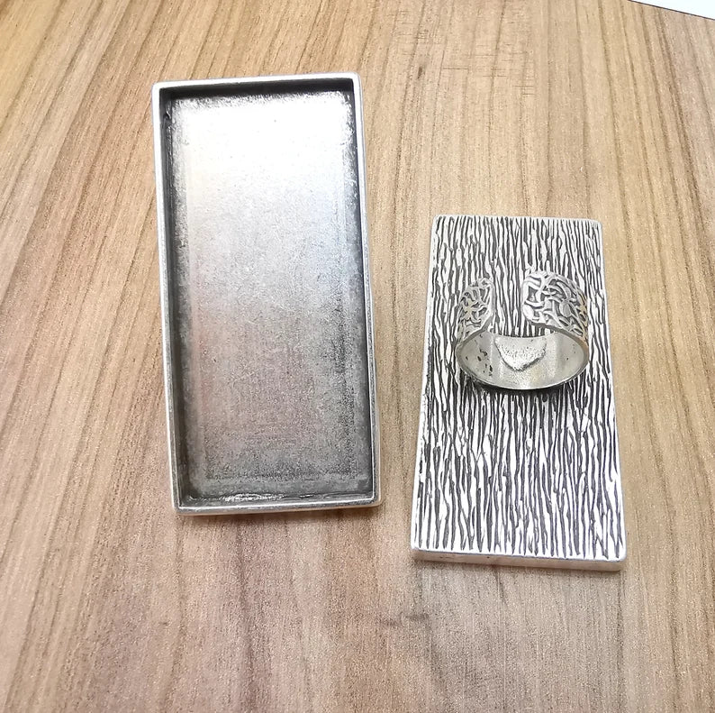 Large Rectangle Ring Blank Settings, Cabochon Mounting, Adjustable Antique Silver Resin Ring Base Bezel, Inlay Mosaic Epoxy (64x30mm) G33622