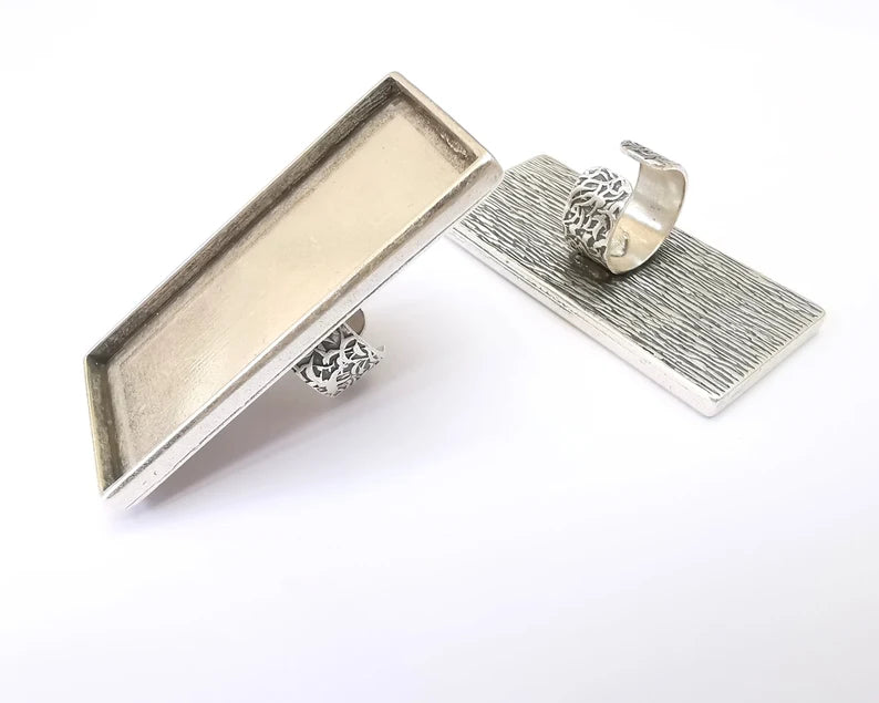 Large Rectangle Ring Blank Settings, Cabochon Mounting, Adjustable Antique Silver Resin Ring Base Bezel, Inlay Mosaic Epoxy (64x30mm) G33622