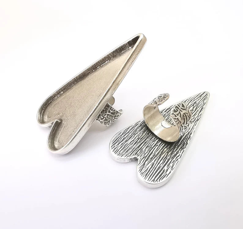 Large Heart Ring Blank Settings, Cabochon Mounting, Adjustable Antique Silver Resin Ring Base Bezel, Inlay Mosaic Epoxy (64x30mm) G33623