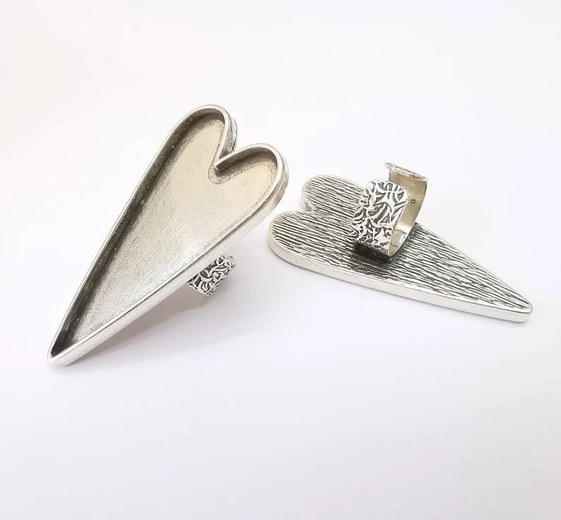 Large Heart Ring Blank Settings, Cabochon Mounting, Adjustable Antique Silver Resin Ring Base Bezel, Inlay Mosaic Epoxy (64x30mm) G33623