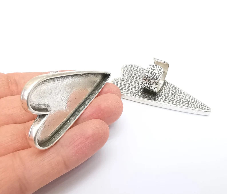 Large Heart Ring Blank Settings, Cabochon Mounting, Adjustable Antique Silver Resin Ring Base Bezel, Inlay Mosaic Epoxy (64x30mm) G33623