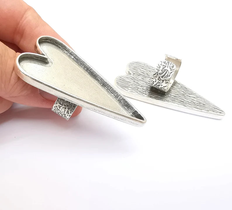 Large Heart Ring Blank Settings, Cabochon Mounting, Adjustable Antique Silver Resin Ring Base Bezel, Inlay Mosaic Epoxy (64x30mm) G33623