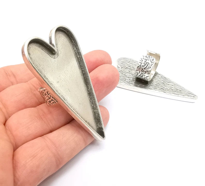 Large Heart Ring Blank Settings, Cabochon Mounting, Adjustable Antique Silver Resin Ring Base Bezel, Inlay Mosaic Epoxy (64x30mm) G33623