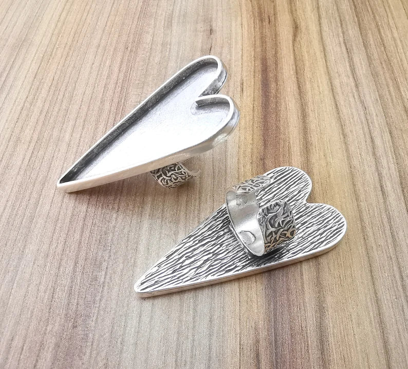 Large Heart Ring Blank Settings, Cabochon Mounting, Adjustable Antique Silver Resin Ring Base Bezel, Inlay Mosaic Epoxy (64x30mm) G33623