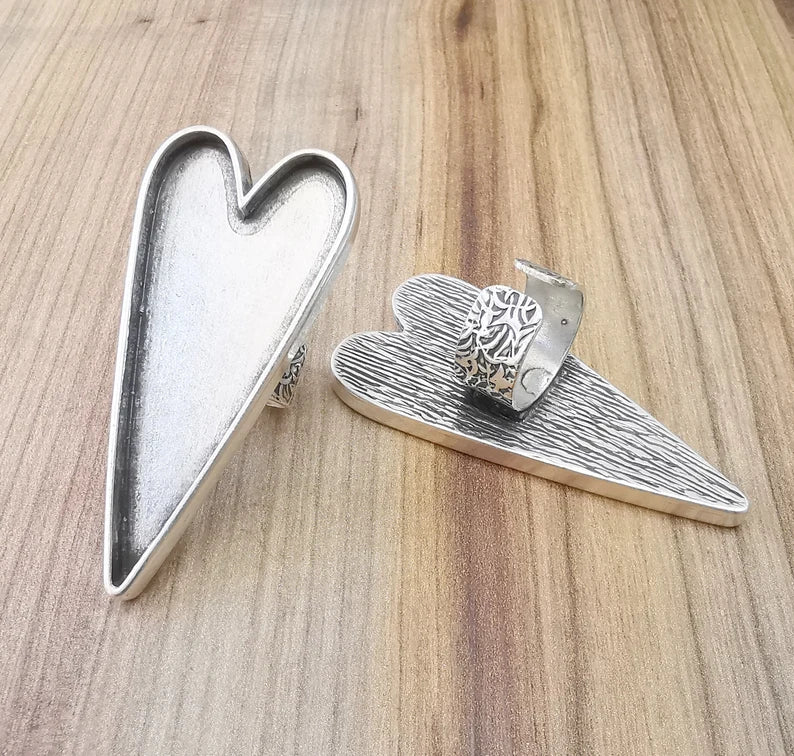 Large Heart Ring Blank Settings, Cabochon Mounting, Adjustable Antique Silver Resin Ring Base Bezel, Inlay Mosaic Epoxy (64x30mm) G33623